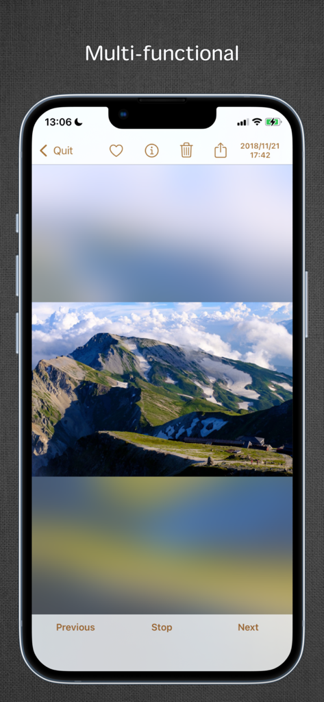 iPhone screen showing a mountain landscape photo in a slideshow with functional navigation buttons and editing icons.
