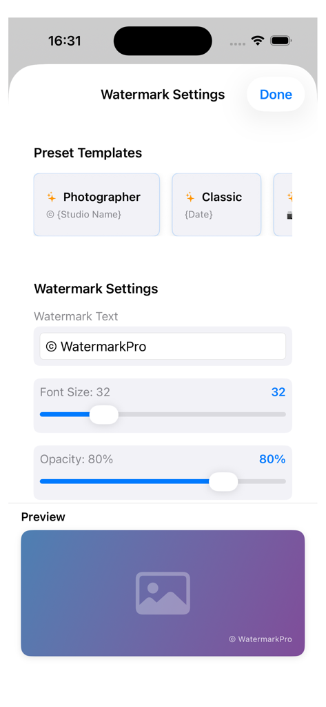 BatchWatermarkPro - Watermark customization screen in BatchWatermarkPro app showing text settings font size and opacity sliders