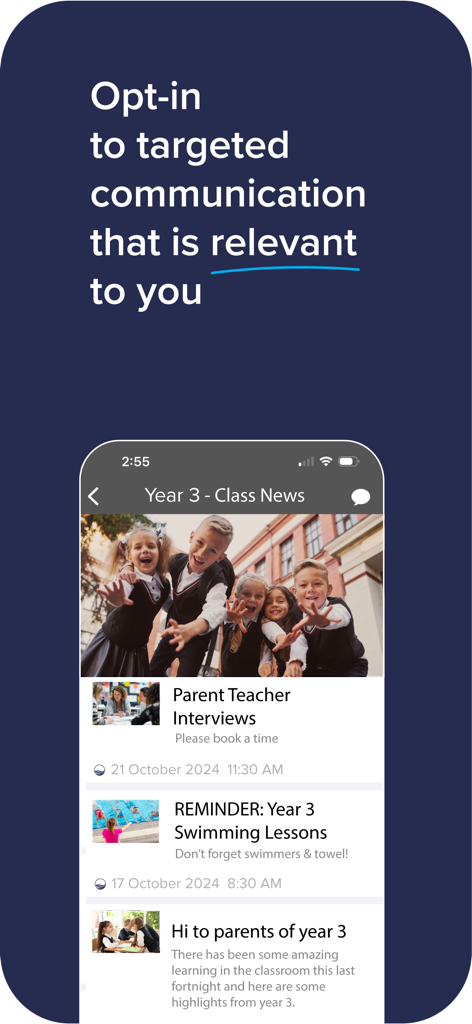 School Stream - School Stream app interface displaying targeted class news including parent teacher interviews and swimming lesson reminders.