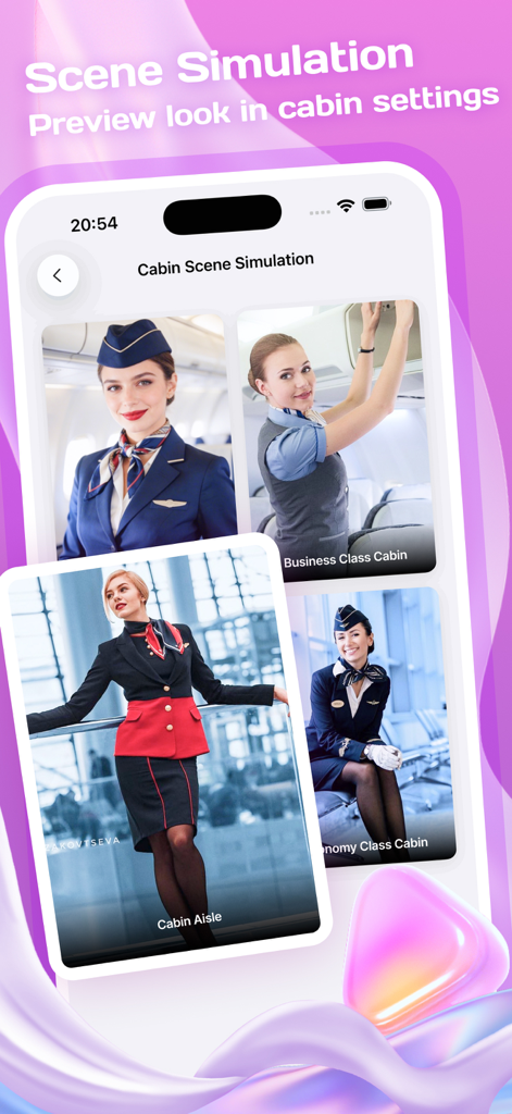Voya app screen showing cabin crew scene simulations in various airplane settings
