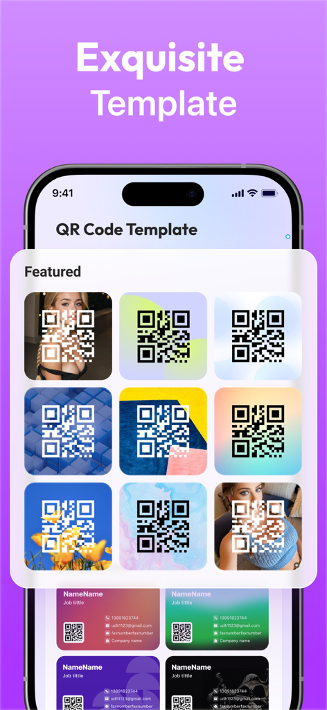 A variety of artistic and professional QR code templates and business card designs within the Super AI Scanner app.