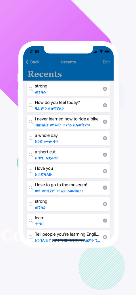 Amharic: Learn 12 Languages - Schermata della cronologia delle traduzioni recenti di un'app dizionario Amarico-Italiano