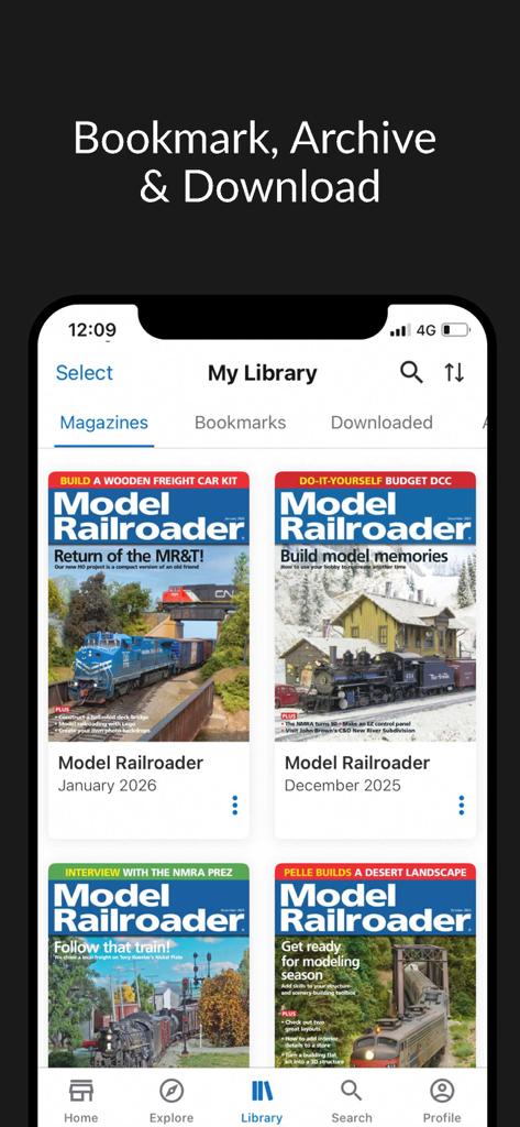 Model Railroader Magazine - Digital library screen of the Model Railroader Magazine app showing a collection of monthly magazine issues with options to bookmark and download.