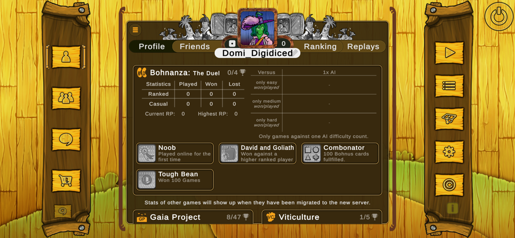 Bohnanza The Duel - A player profile screen in Bohnanza The Duel showing game statistics and achievements.