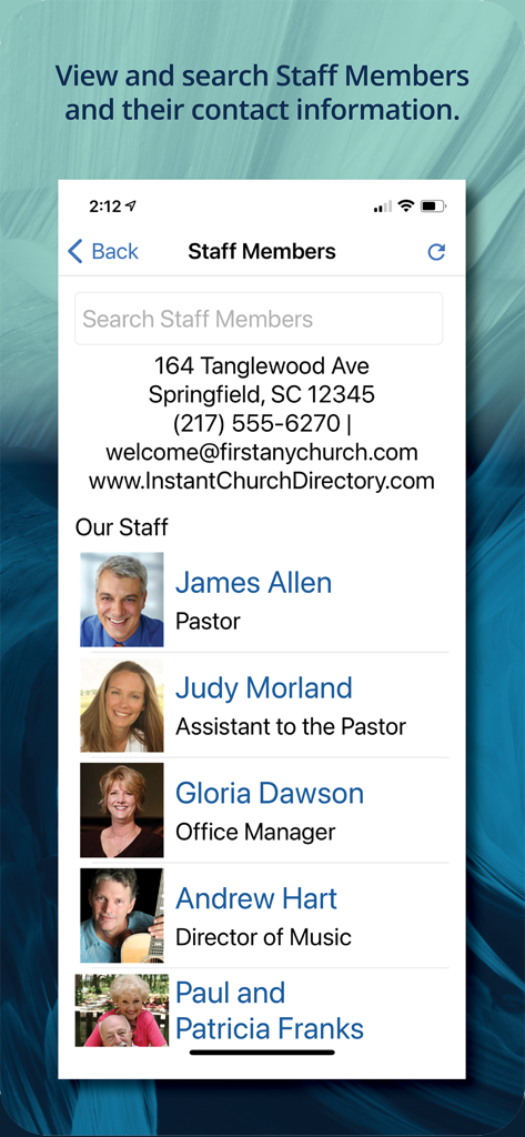Mobile app screen displaying a list of church staff members with photos, names, and job titles within the Instant Church Directory app.