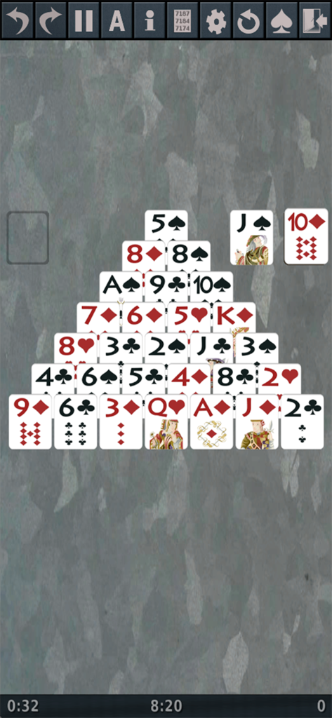 Solitaire 3D. - Pyramid solitaire gameplay in the Solitaire 3D app featuring a pyramid of playing cards on a textured background.