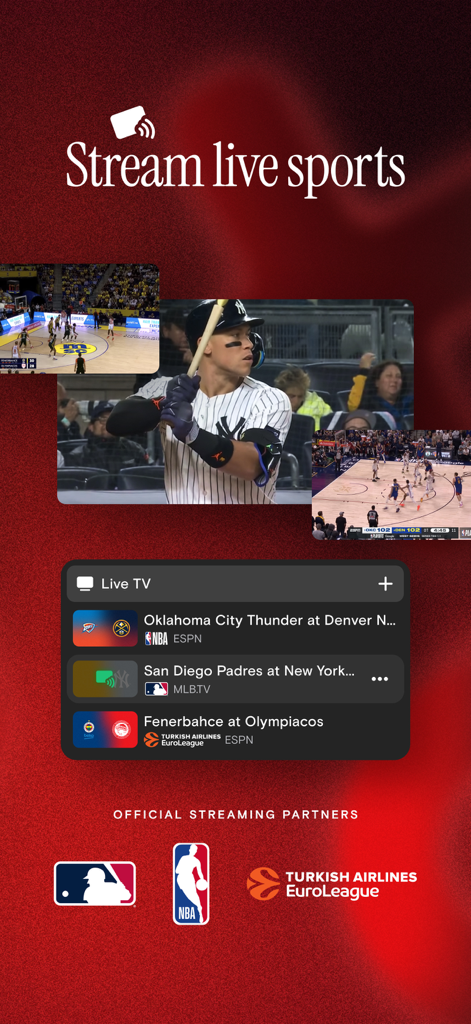 Playback: Stream Together - Interface de l'application Playback montrant les options de streaming sportif en direct pour les matchs de la NBA et de la MLB avec les logos des partenaires officiels.