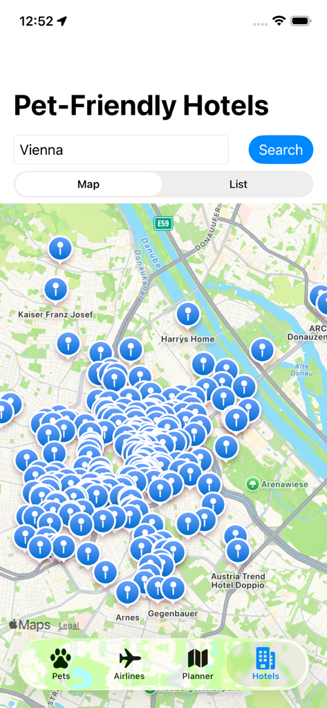 Pet Travel Planner - Pet Travel Plannerアプリに表示されるウィーンのペットフレンドリーなホテルのマップビュー