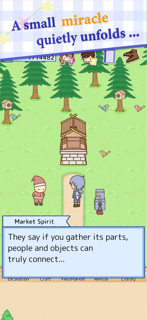 Treasure Flea Market: Cozy Sim - 平和な森の場面で、ショウとマーケットスピリットの間の心温まる会話シーン。