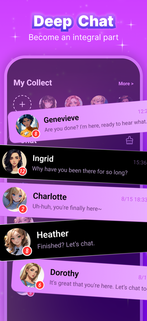 Mobile App-Oberfläche von Cozy, die die Deep Chat-Funktion mit Benachrichtigungen von mehreren KI-Begleitern zeigt