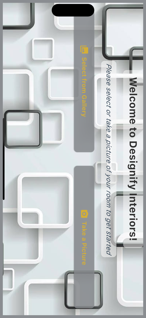 Designify Interiors - Écran d'accueil de l'application Designify Interiors avec des options pour sélectionner une photo de pièce de la galerie ou prendre une nouvelle photo.