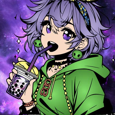 hot baddie anime girl drinking boba and biting the straw