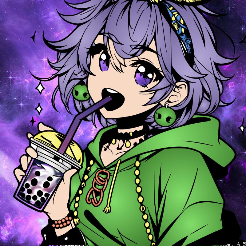 hot baddie anime girl drinking boba and biting the straw