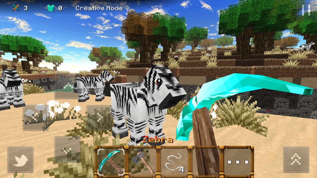 Creative mode gameplay in Savanna Craft Adventure showing zebras in a blocky world