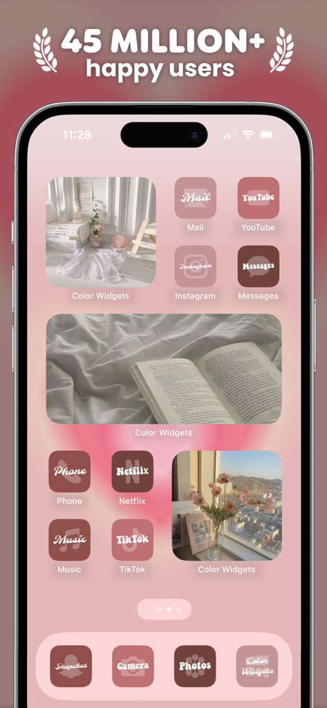 A customized iPhone home screen with a soft pink aesthetic theme including custom app icons and photo widgets from Color Widgets
