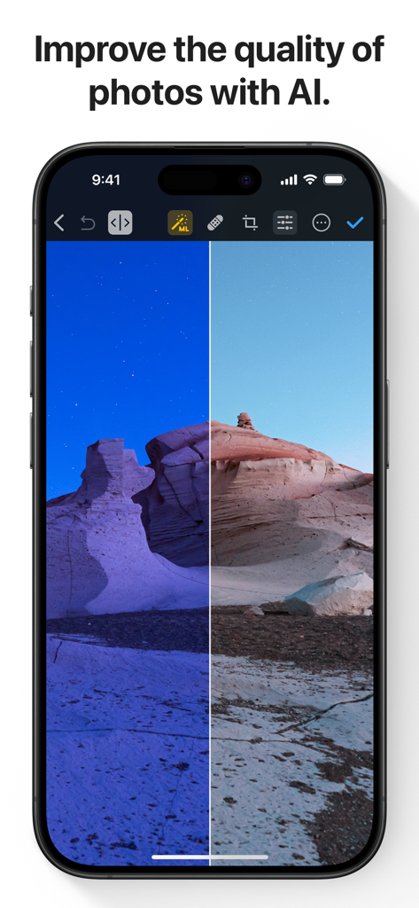 Photomator – Photo Editor - PhotomatorアプリでAIによって改善された砂漠の風景のビフォーアフター比較。