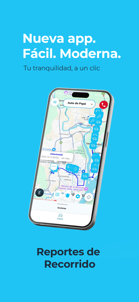 Tracklink Ecuador - Screenshot of Tracklink Ecuador app displaying a vehicle tracking map and journey reports.