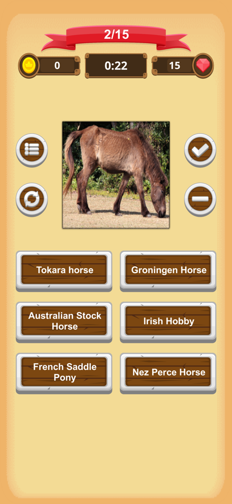 Horse Quiz - A mobile game screen showing a photo of a horse and multiple choice options for identifying its breed.