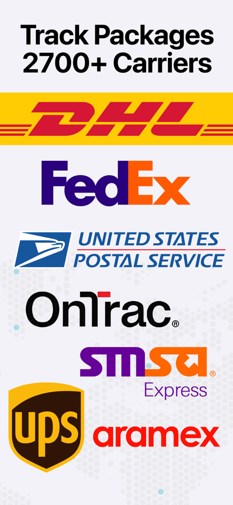 Logos of major shipping carriers like DHL, FedEx, USPS, and UPS supported by the app.