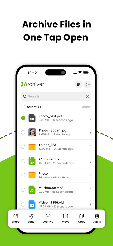 Interfaz de la aplicación WinRAR en iPhone mostrando una lista de archivos y opciones de archivo