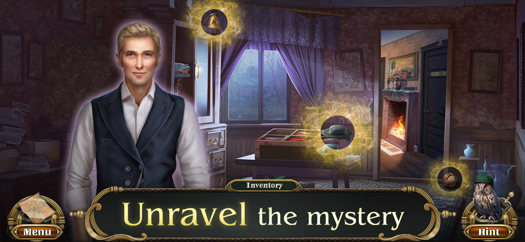 Miss Holmes 3: F2P Detective - Detective investigando una habitación victoriana con objetos ocultos resaltados en Miss Holmes 3.