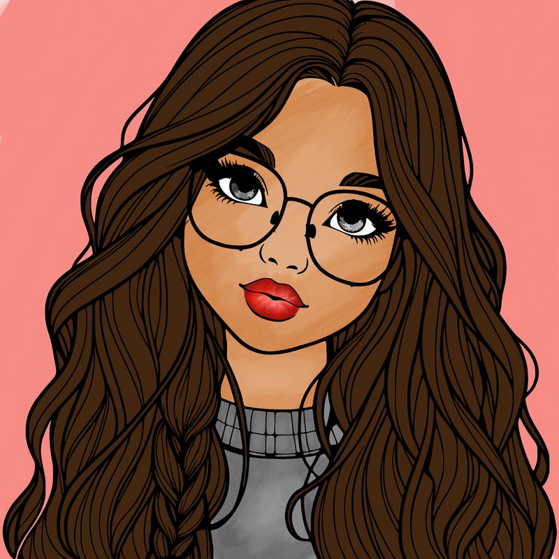 girl with long hair and freckles and glasses realistic