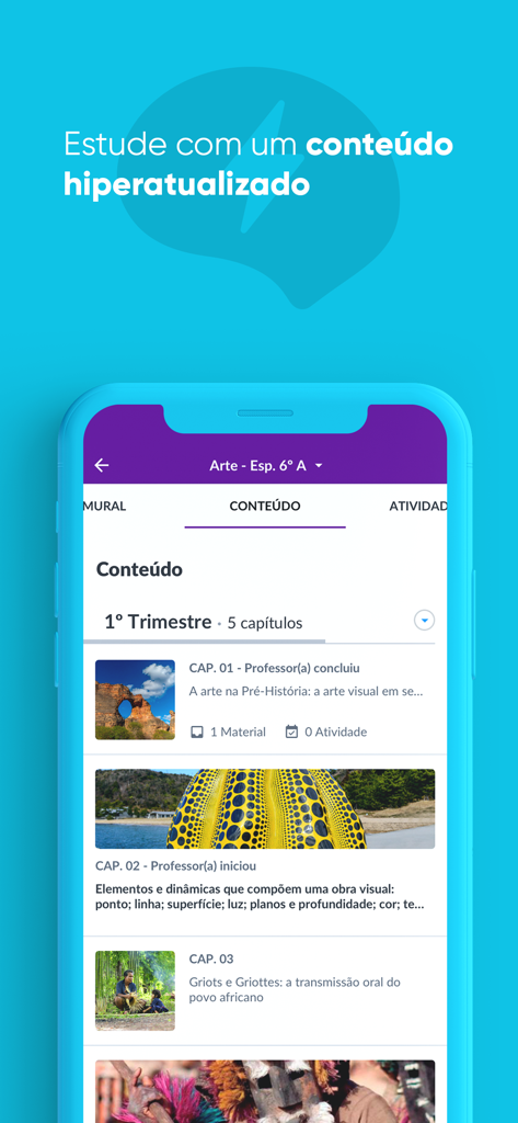 Interface do app móvel Geekie One exibindo um currículo de arte digital com capítulos de estudo organizados.
