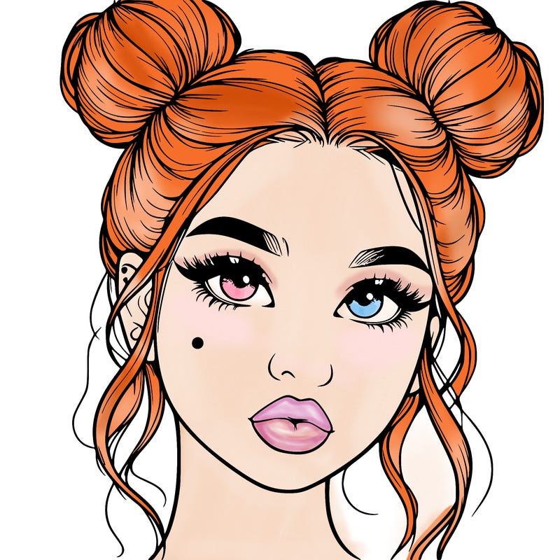 realistic girl with two buns on her hair and lips