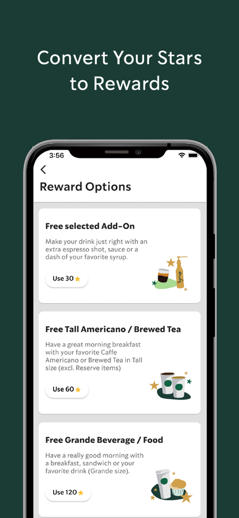 Pantalla de la aplicación móvil Starbucks Indonesia que muestra opciones de recompensa para canjear estrellas por comida y bebidas.