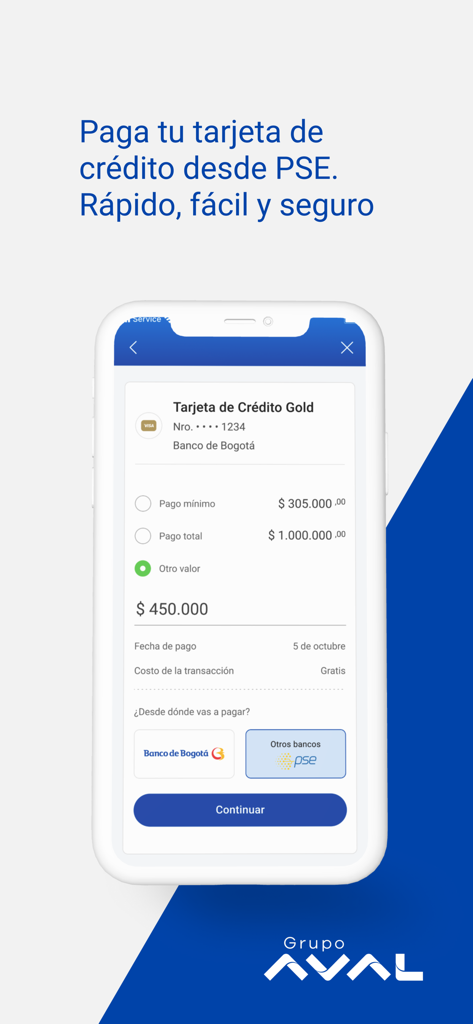Banco de Bogotá - Interface do aplicativo móvel Banco de Bogota para pagar contas de cartão de crédito usando o sistema PSE