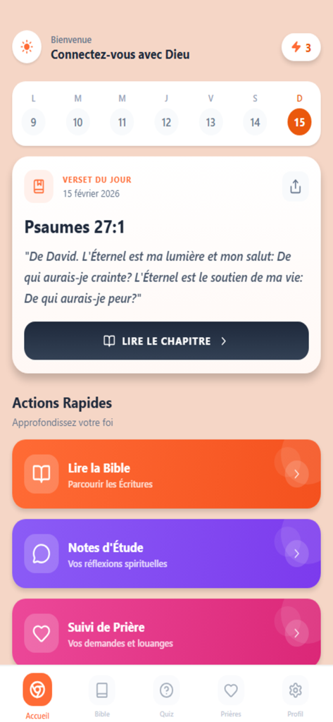 Home screen of the French Louis Segond Bible app featuring a daily verse and quick navigation buttons for study notes and prayer tracking