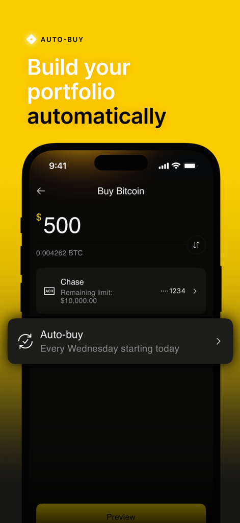 Binance.US: Buy Bitcoin & ETH - Binance.US Mobile App-Oberfläche zum Einrichten automatischer wiederkehrender Bitcoin-Käufe.