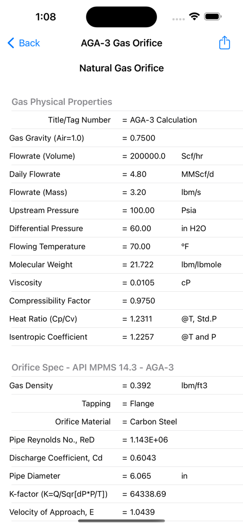 Natural Gas Orifice calculation results for AGA-3 and API 14.3 standards