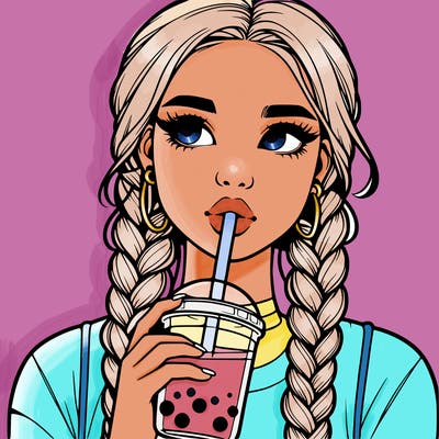realistic girl with braided hair drinking boba