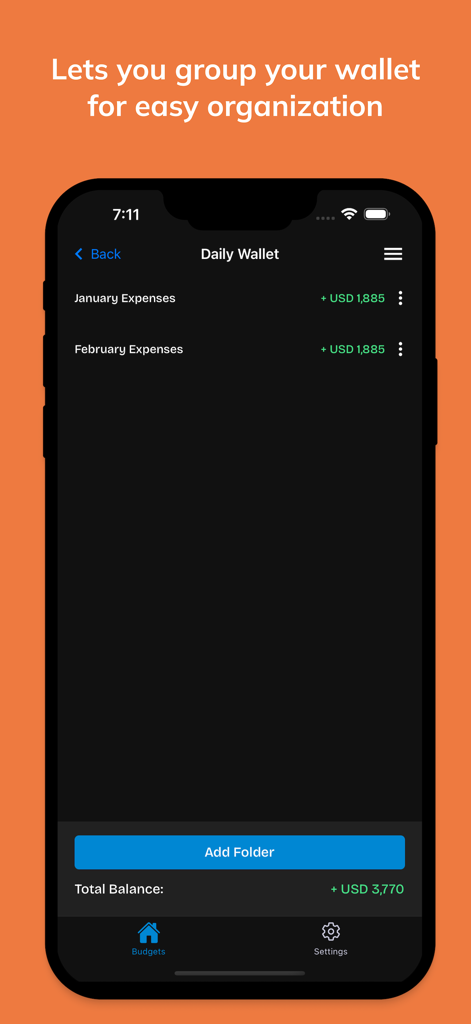 Interfaccia dell'app FreeBudget che mostra cartelle del portafoglio giornaliero per il tracciamento delle spese mensili