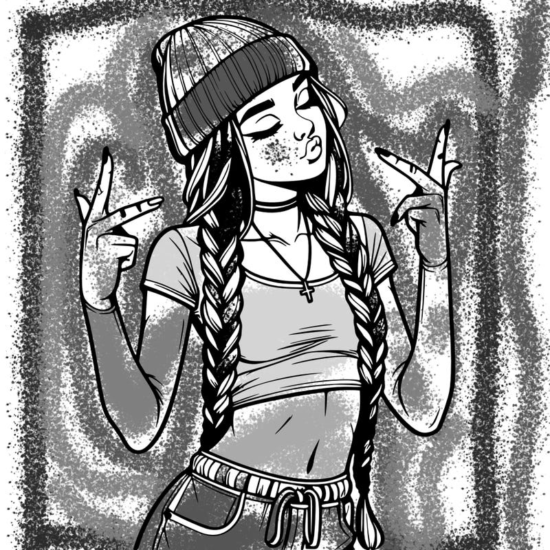 realistic teenage girl with braids and a beanie and crop top doing 🫶🏼