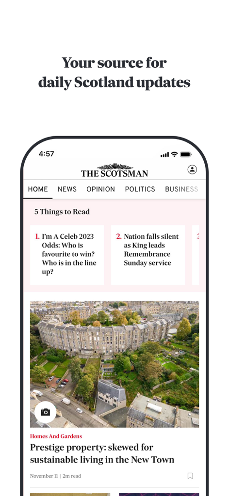 L'interfaccia dell'app The Scotsman Newspaper che mostra aggiornamenti di notizie giornaliere e articoli sulla cultura e la politica scozzese.