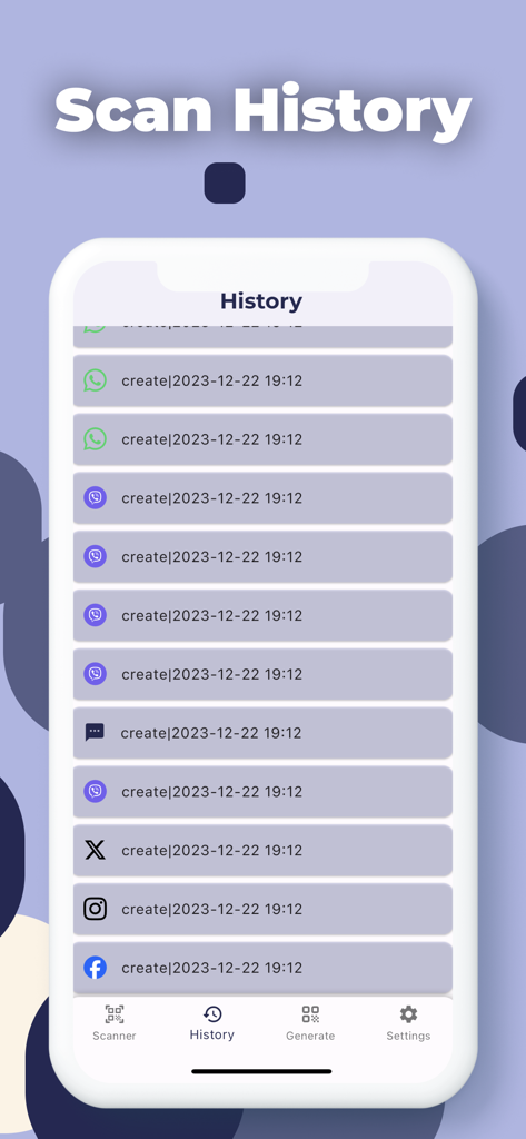 QR Code Reader App - ScanQR - Schermata della cronologia delle scansioni nell'app ScanQR che mostra un elenco cronologico delle scansioni di codici QR salvate