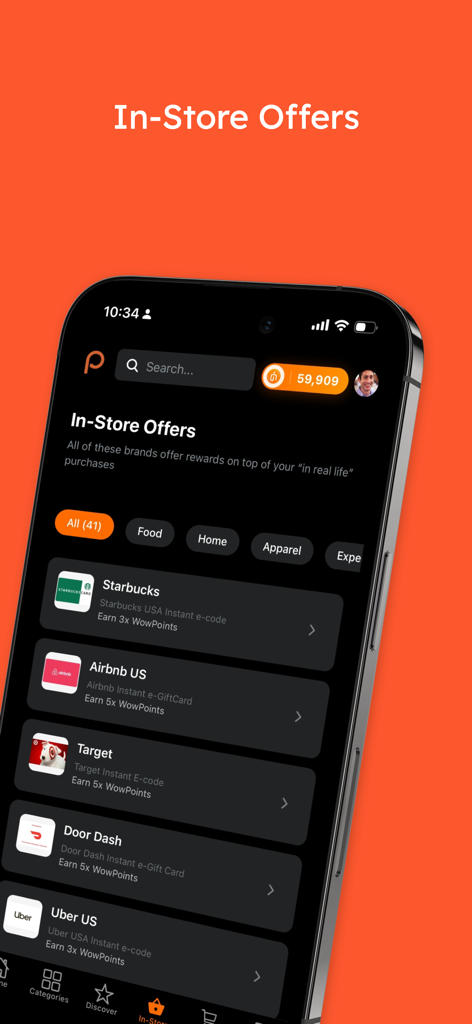 Perks at Work - Perks at Work app screen displaying in-store offers and reward points for brands including Starbucks Target and Uber