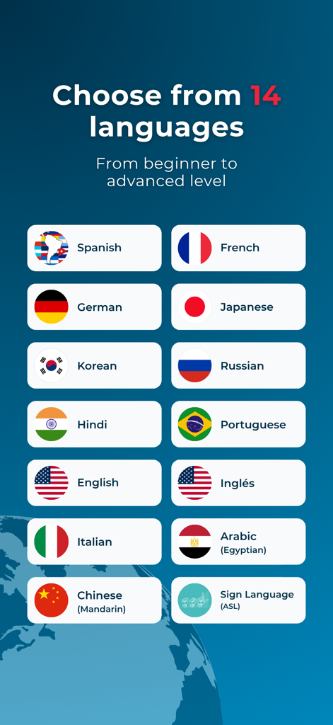 Rocket Languages - A list of 14 available language courses in the Rocket Languages app from beginner to advanced levels