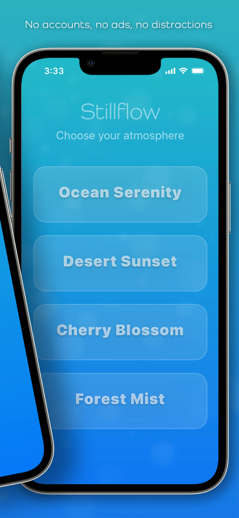 Stillflow — Meditation Timer - Pantalla de la aplicación de meditación Stillflow que muestra una lista de cuatro temas visuales serenos, incluyendo Serenidad Oceánica y Niebla Forestal