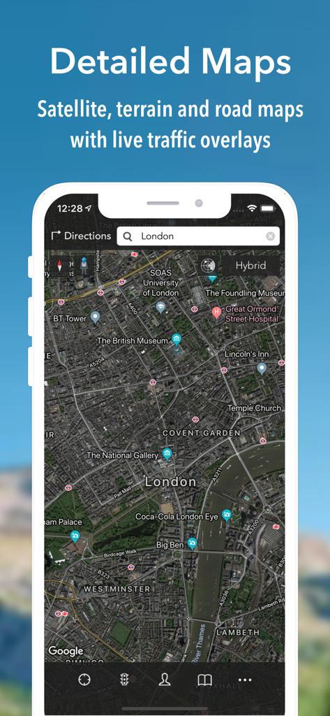 iMaps+ for Google Maps - iMaps plus app interface showing a detailed hybrid satellite map of London with traffic overlays