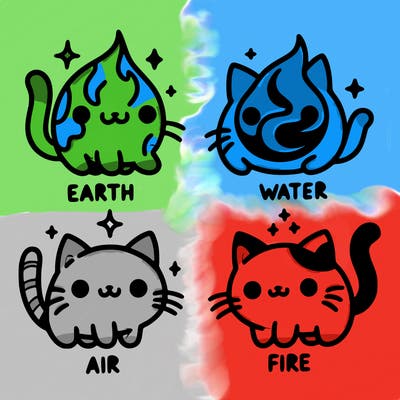 4 cats that represent the different elements, earth, water, air, and fire