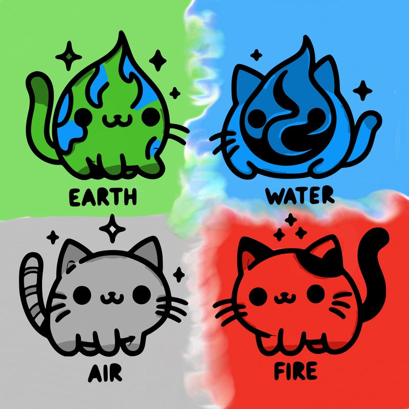 4 cats that represent the different elements, earth, water, air, and fire