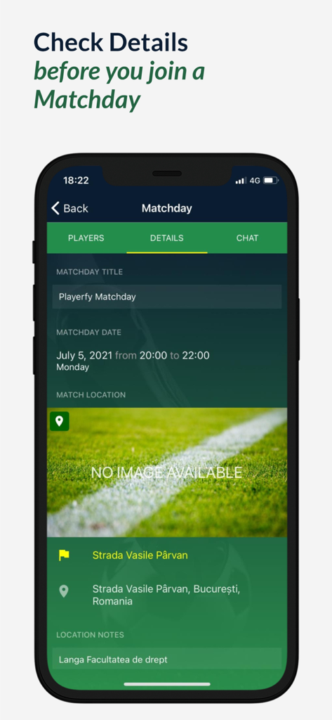Playerfy - Playerfyモバイルアプリのインターフェイス。フットボールの試合日の詳細と場所を表示。