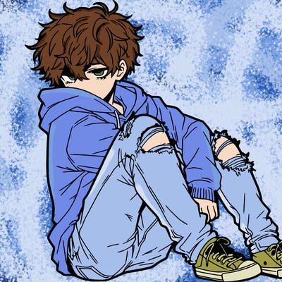 a male hoddie ripped jeans messy hair anime