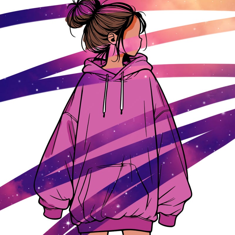 realistic girl with a oversized sweatshirt on and a bun