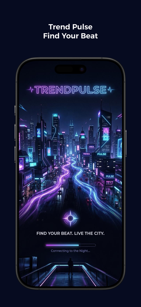 Pulse Planet - Pantalla de bienvenida de la aplicación Pulse Planet con una ciudad futurista de neón por la noche y el lema Find Your Beat