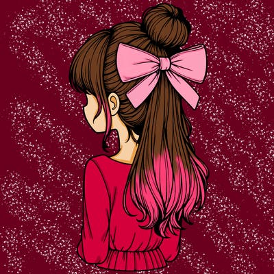 realistic girl  with hip length hair a bun and a big bow on the back of head