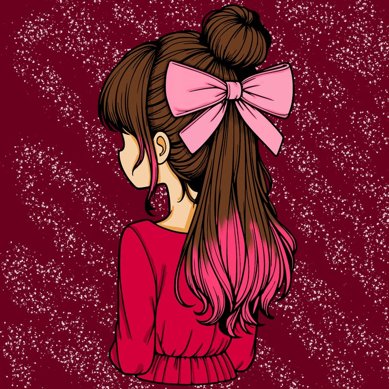 realistic girl  with hip length hair a bun and a big bow on the back of head